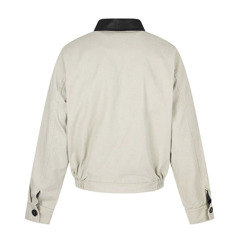 Men's Asymmetrical Canvas Bomber Jacket with Leather Straps and Stand Collar Chichicherry