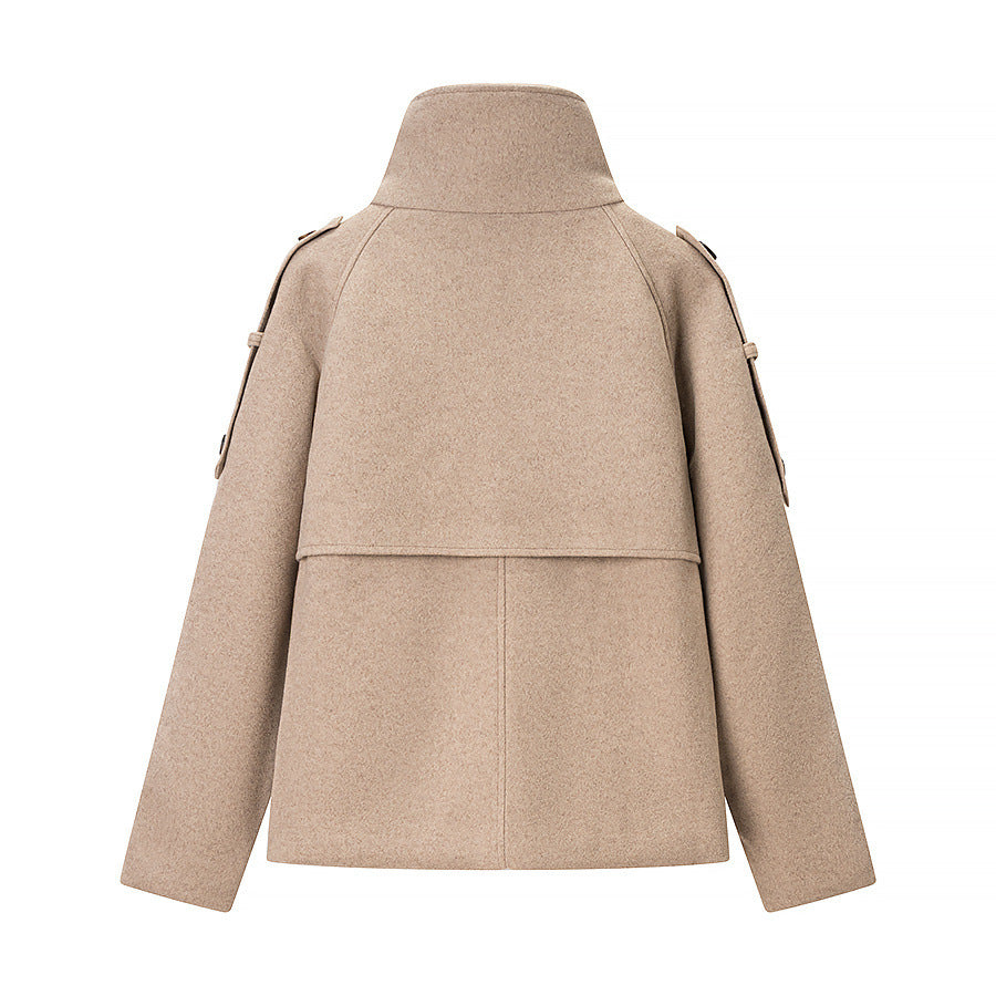 Women's Short Cut Double-Breasted Wool Blend Coat with High Standing Collar and Shoulder Straps Chichicherry