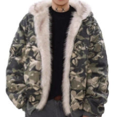 Herren Warmer gefütterter Camouflage-Bomber mit Kapuze und Kunstfellbesatz Chichicherry