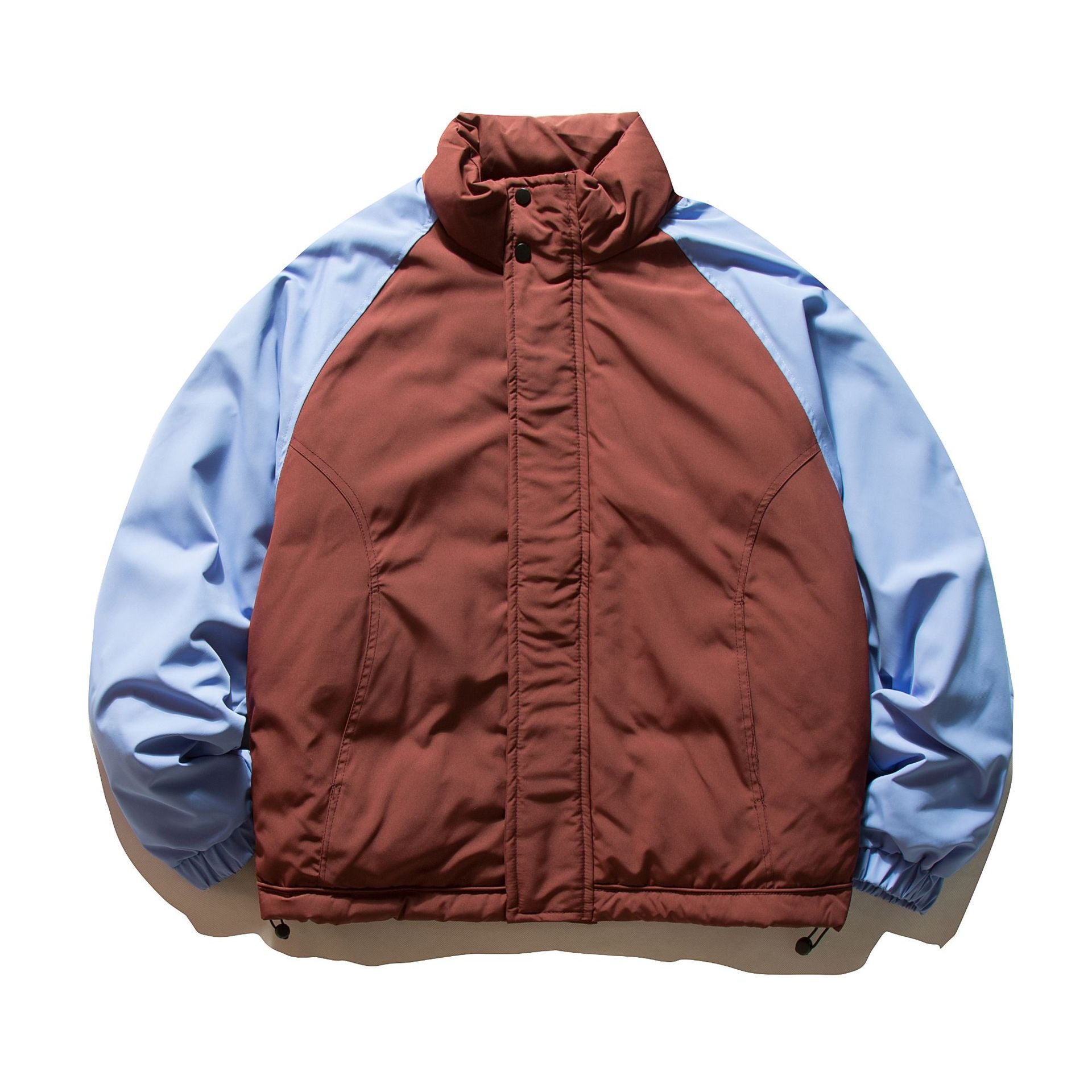 Unisex Short Cut Colorblock Padded Jacket with Raglan Sleeves and High Stand-Up Collar Chichicherry