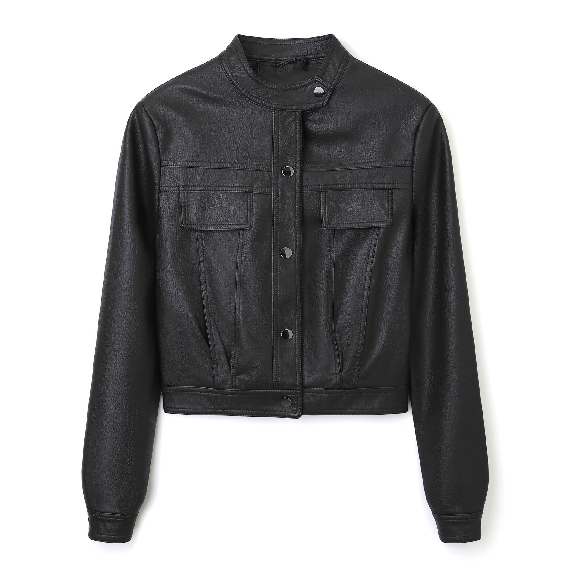 Women's Short Cut Leather Jacket with Stand-Up Collar and Flap Pockets Chichicherry