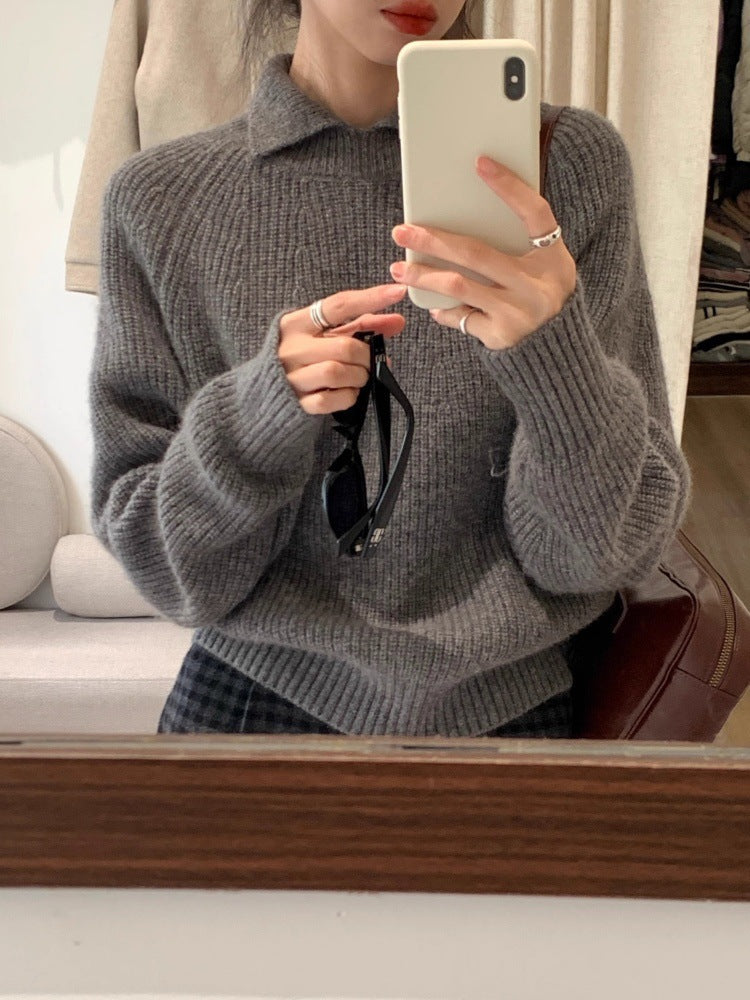Women's Oversize Polo Collar Fine Knit Sweater with Ribbed Hem and Cashmere-like Feel Chichicherry