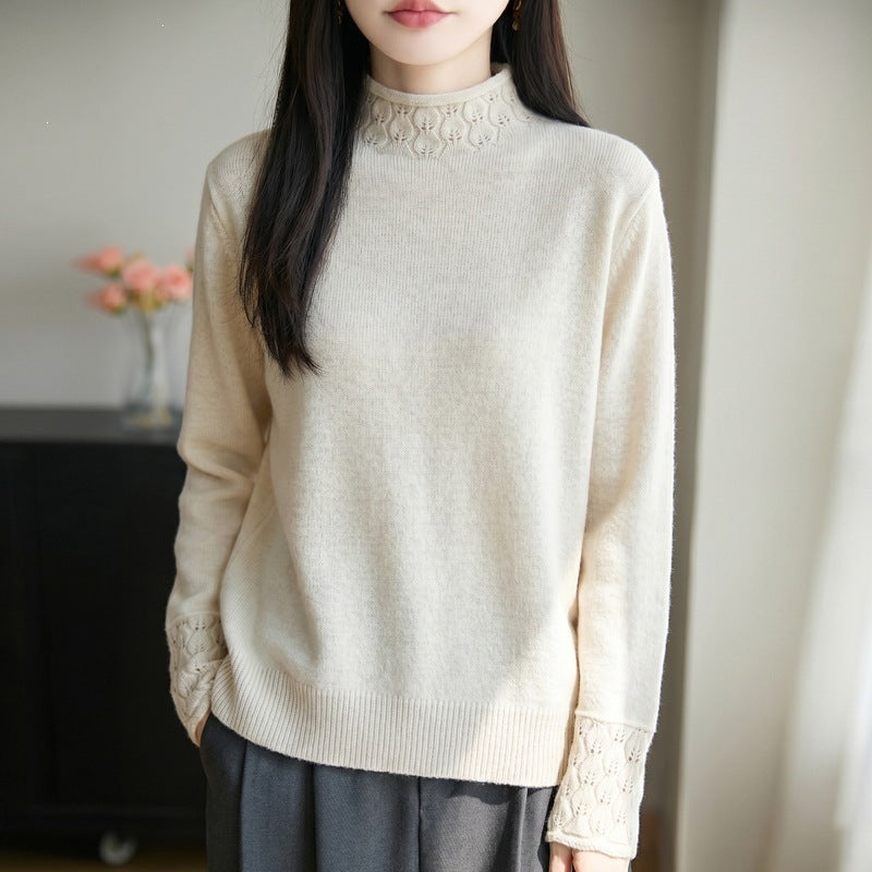 Ladies Mockneck fine knit pullover with eyelet detail at collar and cuffs Chichicherry