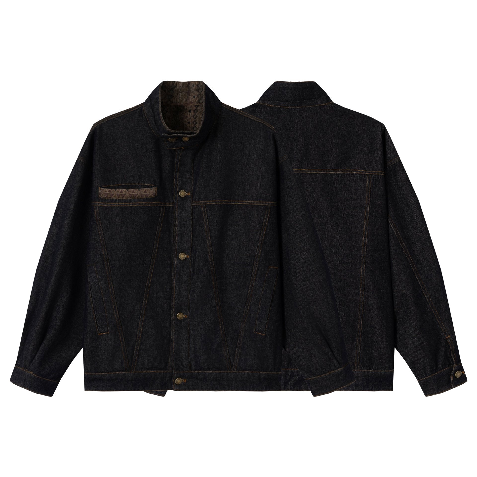 Unisex Oversized Denim Jacket with Funnel Neck and Decorative Chest Flap Chichicherry
