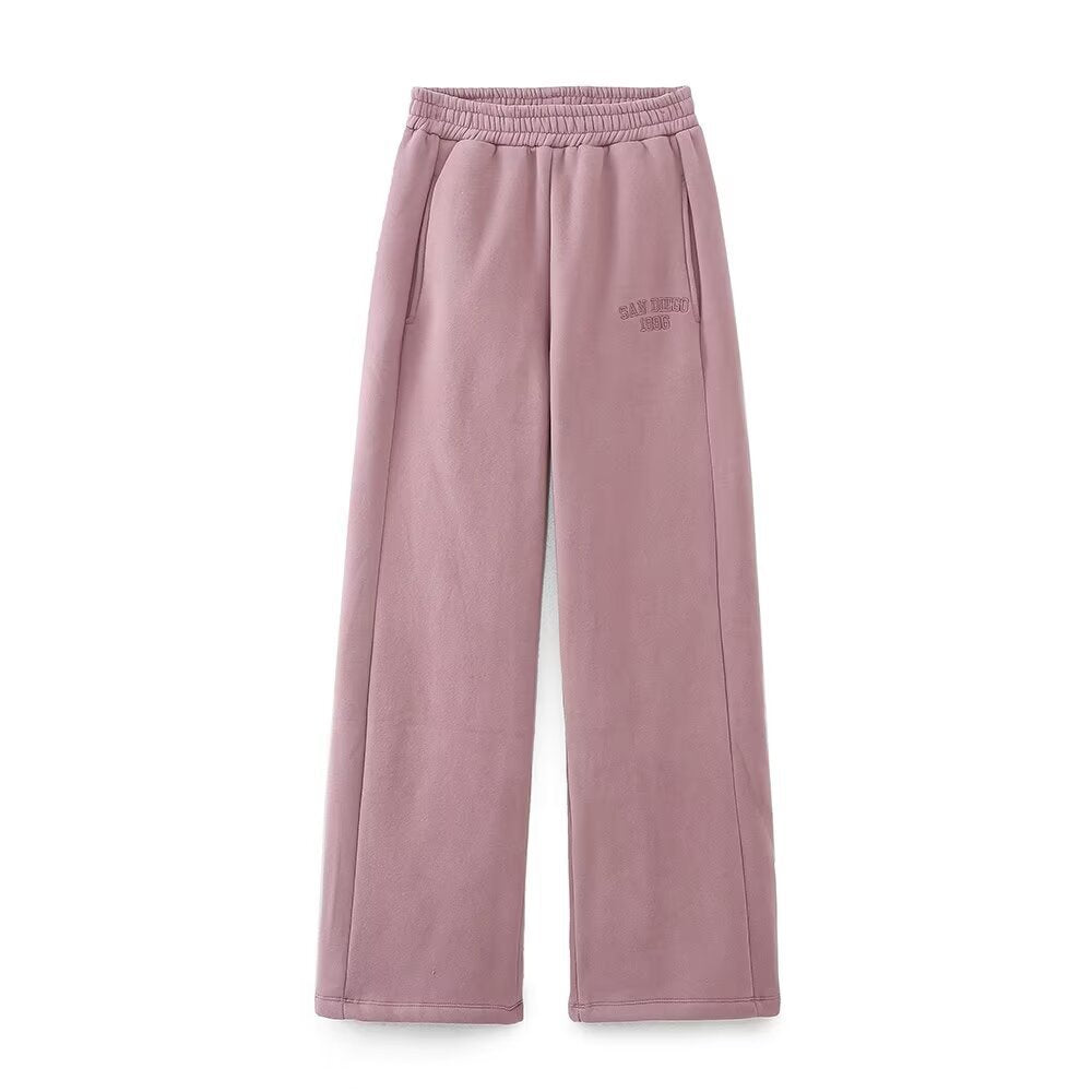 Women's Wide Fleece Jogging Pants with High Elastic Waistband, Side Pockets and Subtle Logo Embroidery Chichicherry