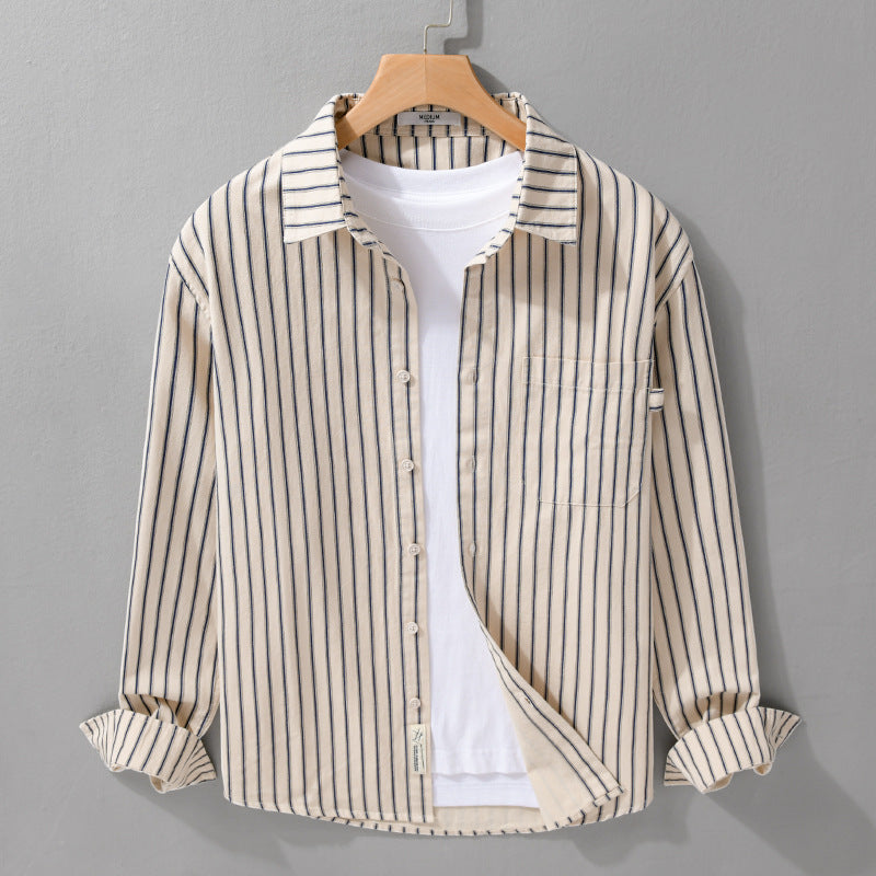 Men's Lightweight Cotton Relaxed Shirt with Vertical Double Stripe, Kent Collar and Patch Chest Pocket Chichicherry