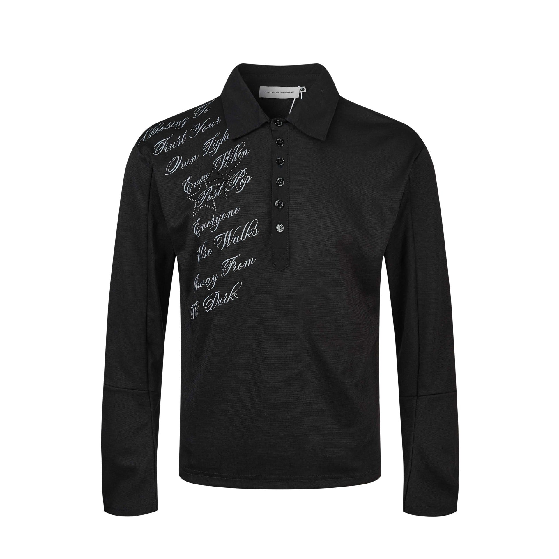 Women's Polo Shirt-Long Sleeve Shirt with Shirt Collar, Text Print and Rhinestone Application Chichicherry