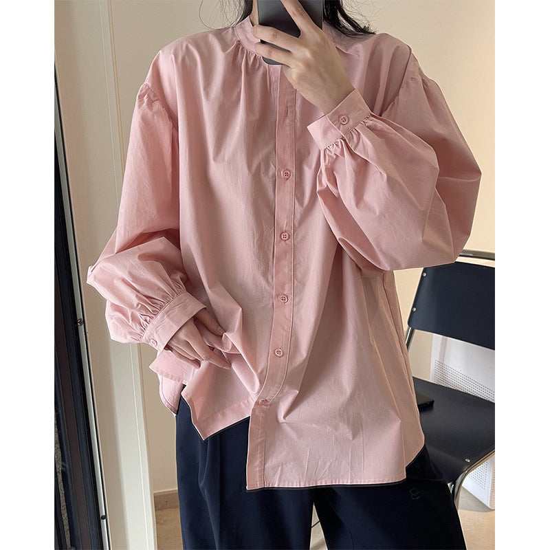 Women's Oversized Cotton Blouse with Stand Collar and Balloon Sleeves Chichicherry