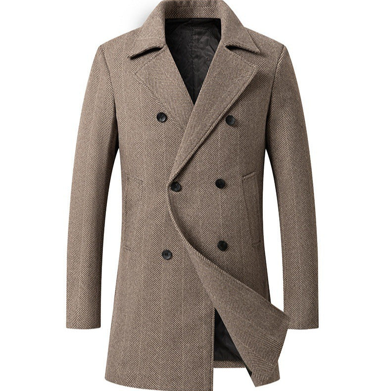 Men's Double-Breasted Herringbone Wool Blend Car Coat with Tailored Fit and Quilted Thermal Lining Chichicherry