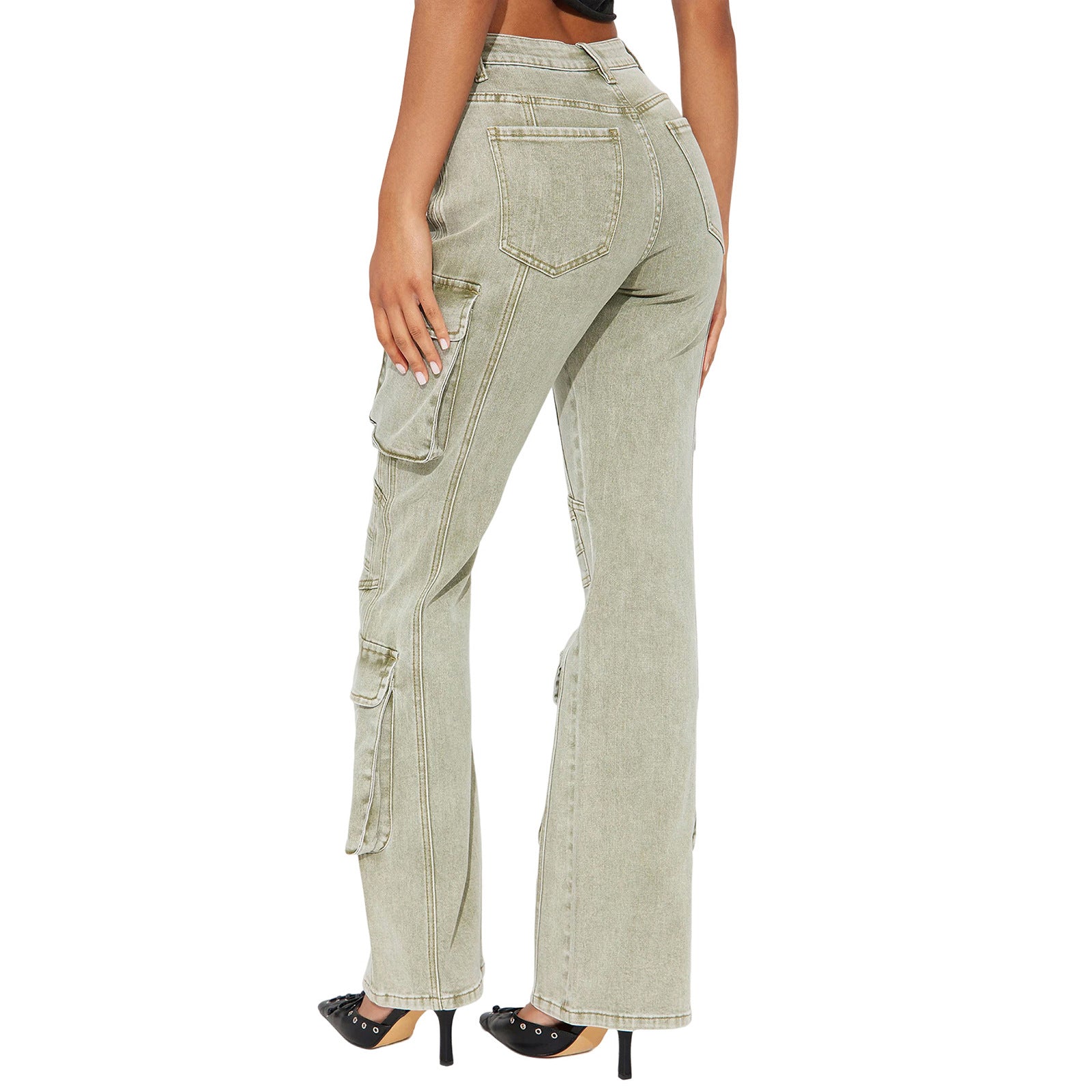 Women's High-Waist Cargo Denim Pants with Wide Leg, Multiple Pockets and Used Details Chichicherry