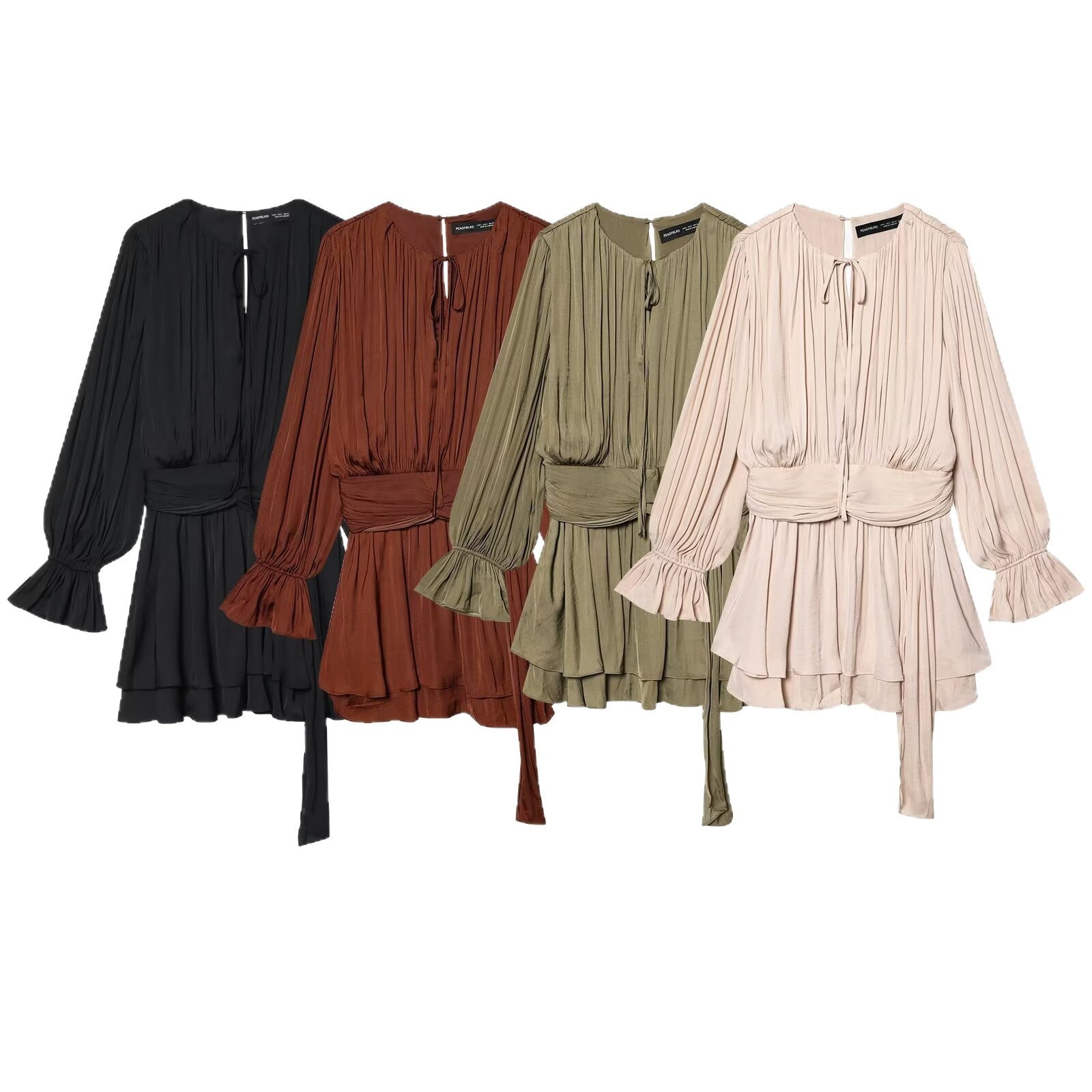 Women Pleated Wrap Dress with Ruffle Skirt and Balloon Sleeves Chichicherry