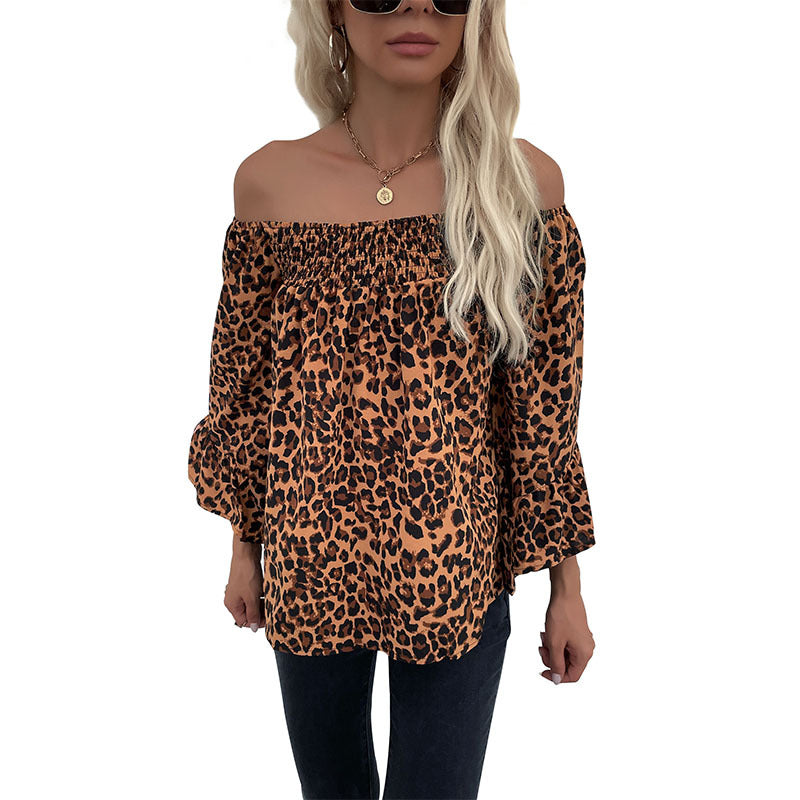 Women's Carmen blouse with smocked cuffs, off-the-shoulder neckline, and leopard print Chichicherry