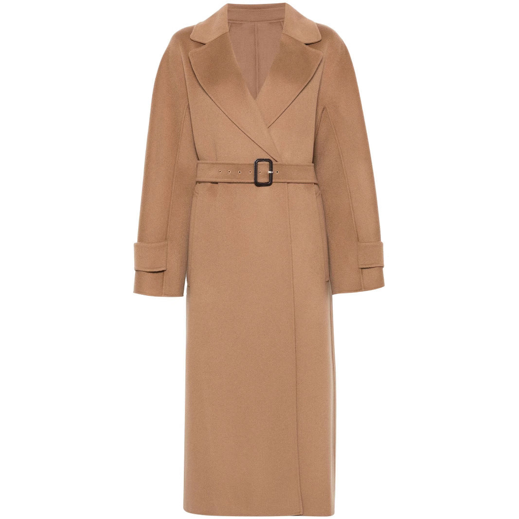 Women’s wrap coat made of wool blend with waist belt and oversized shoulder Chichicherry