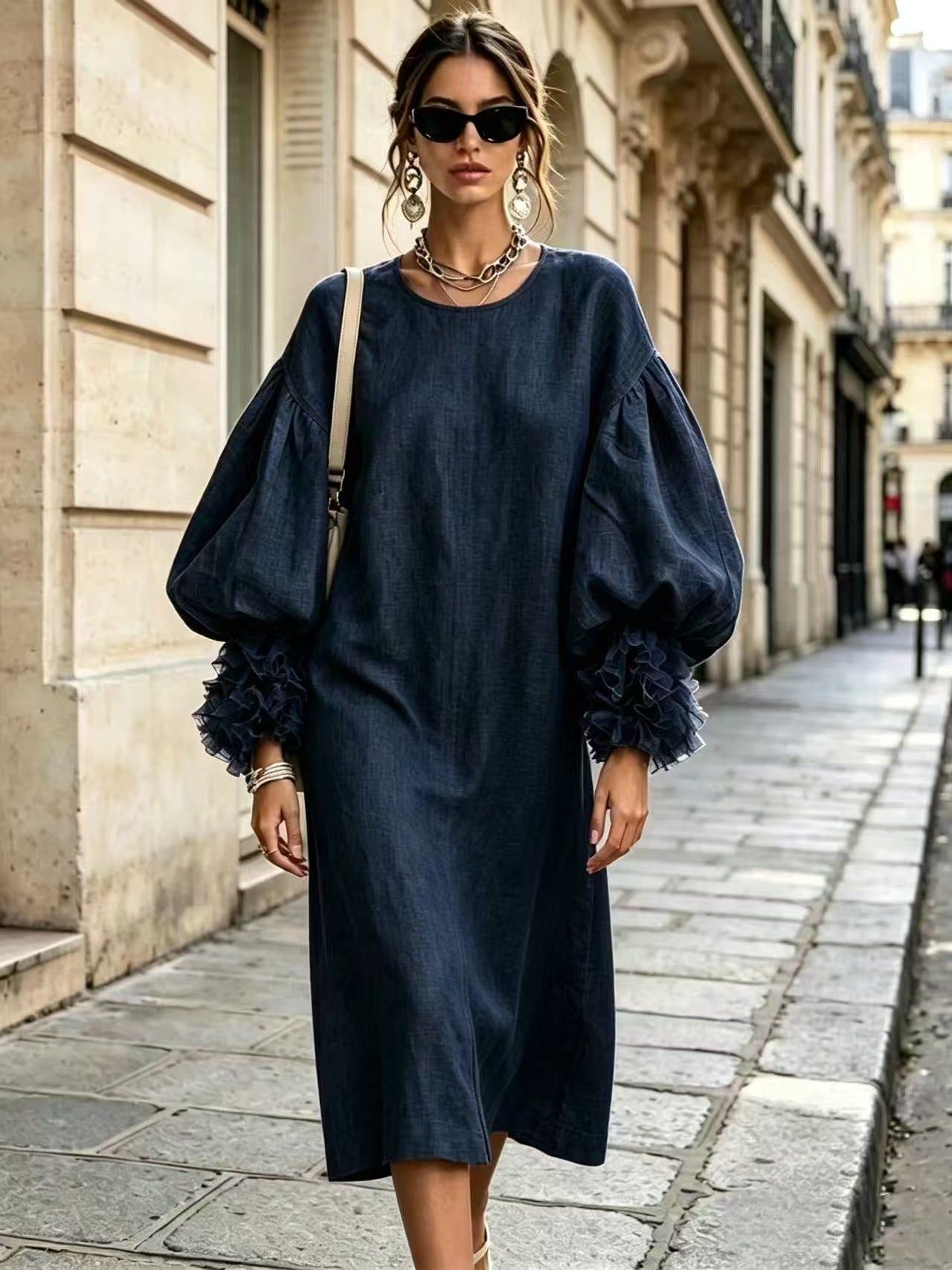 Women's midi dress in linen look with voluminous balloon sleeves and ruffled cuffs Chichicherry
