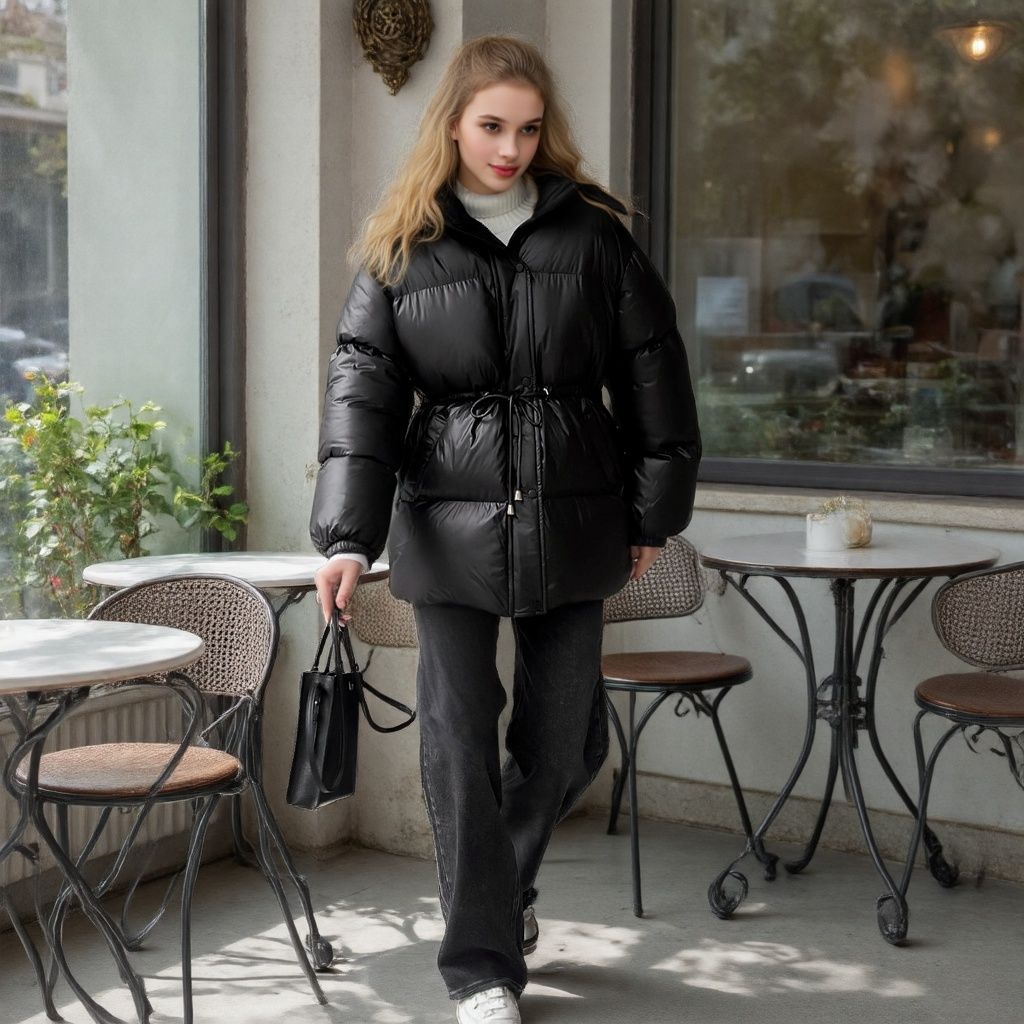 Women Tailored Quilted Jacket in Down Look with Drawstring and Hood Chichicherry