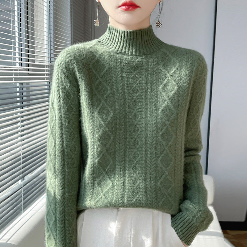 Women's cable-knit mock neck sweater with fine ajour detail and fluffy cashmere look Chichicherry