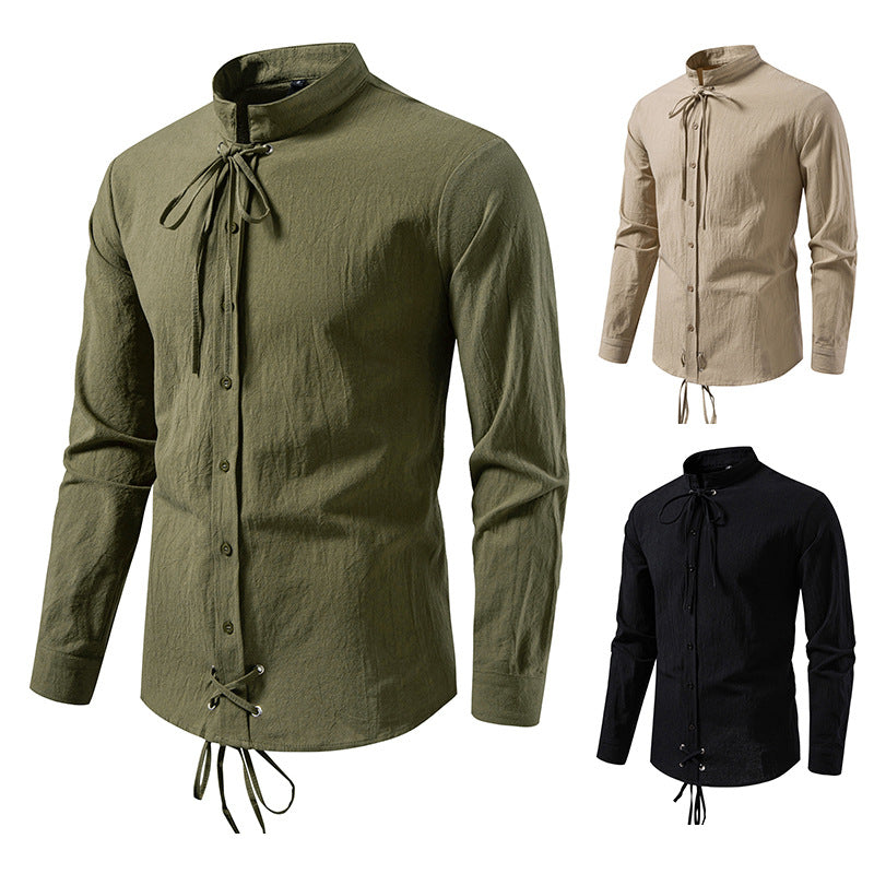 Men's Tailored Long Sleeve Shirt with Stand-Up Collar and Decorative Lacing Chichicherry