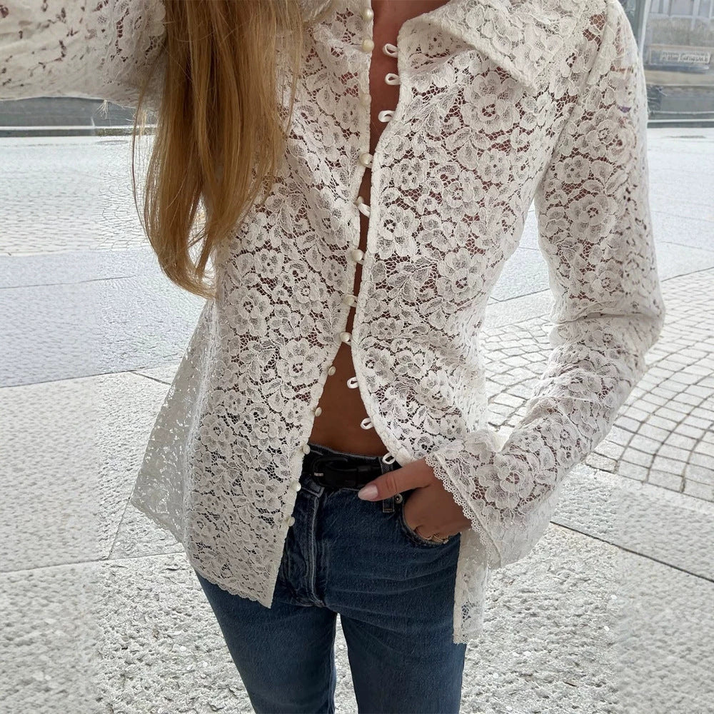 Women's lace blouse with floral lace, shirt collar and fabric ball button placket Chichicherry