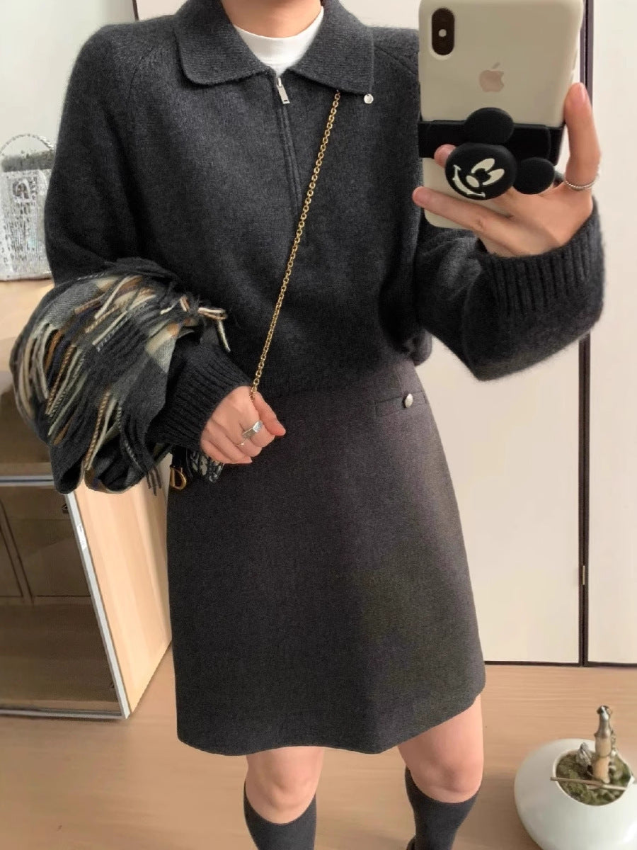 Women short zip polo sweater made of fluffy wool blend with boxy silhouette Chichicherry