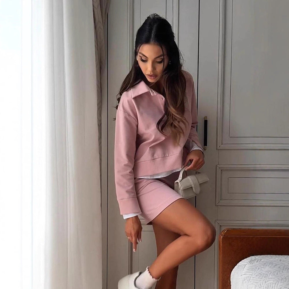 Women's Casual Two-Piece Sweatset with Shirt Collar, Cropped Pullover and High-Waist Bike Shorts Chichicherry