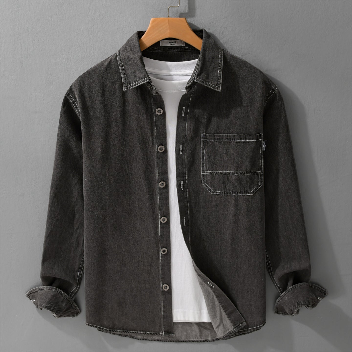 Men's Washed Denim Overshirt in Workwear Look with Contrast Stitches Chichicherry