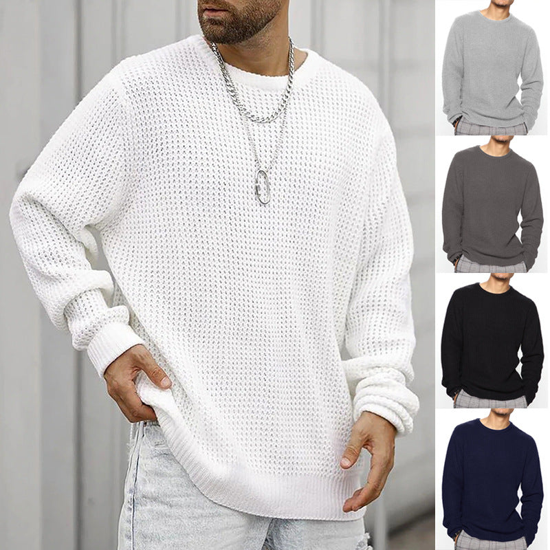 Men's Chunky Knit Crew Neck Sweater with Basketweave Pattern and Relaxed Fit Chichicherry