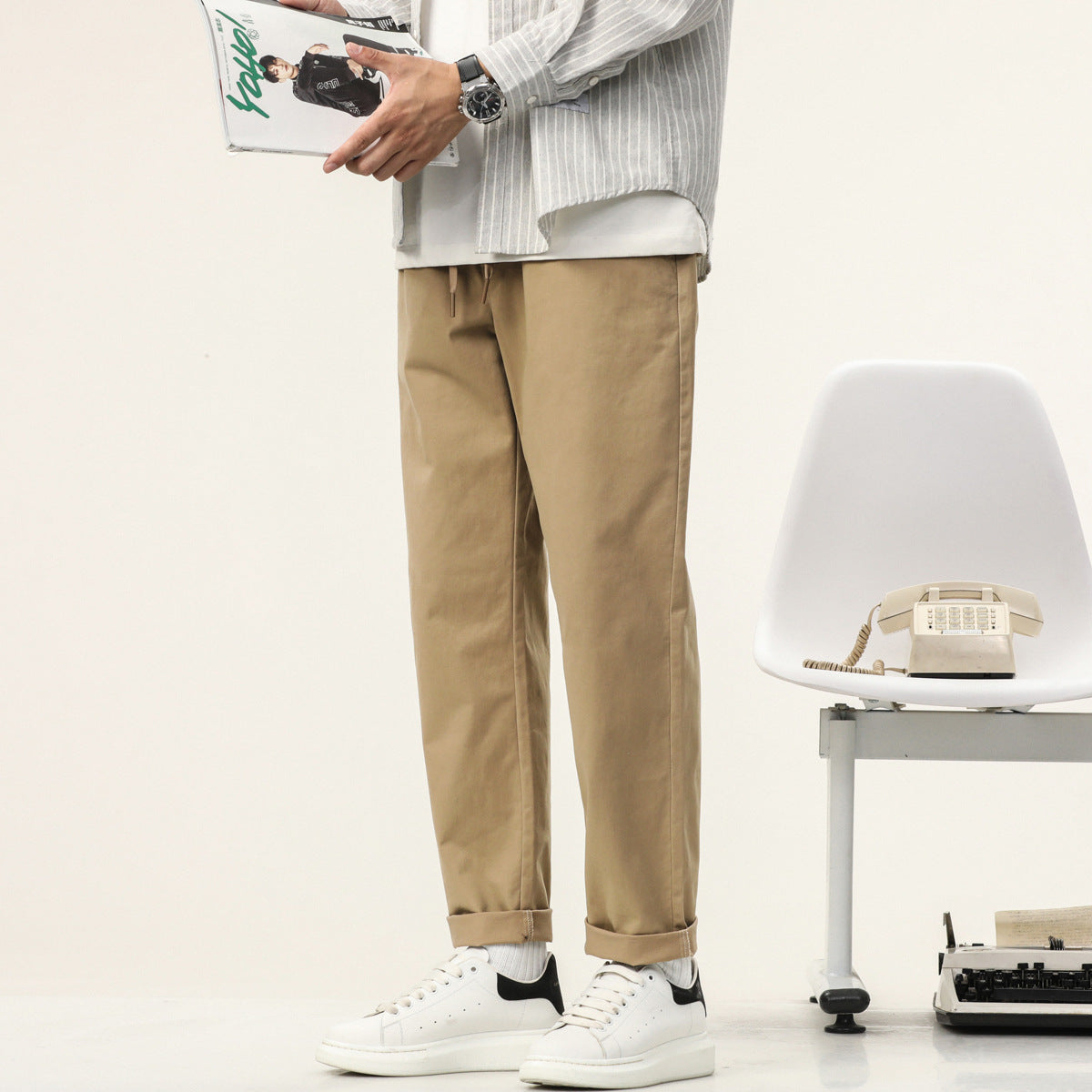 Men's Lightweight Cotton Blend Pants with Elastic Cord Waistband and Straight Leg Chichicherry