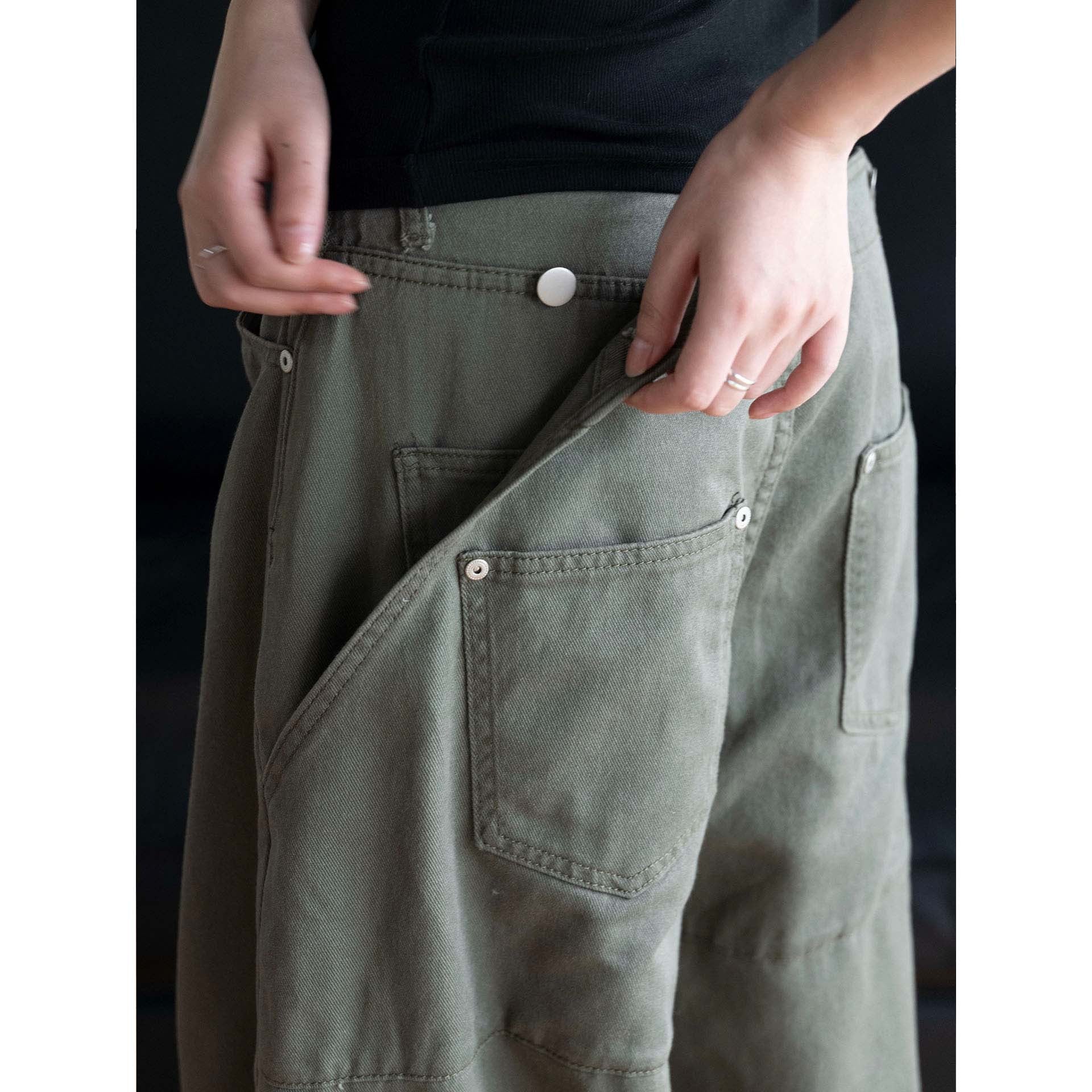 Women's Wide High-Waist Utility Cargo Pants with Low Crotch Line Chichicherry