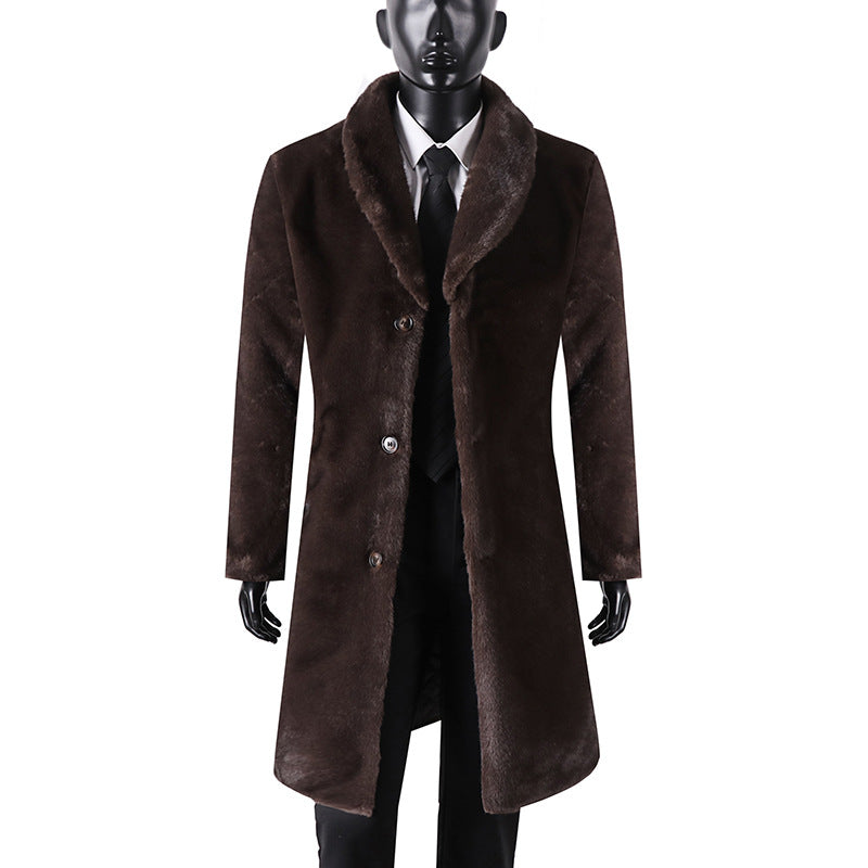 Men's Maxi Length Coat with Faux Fur Trim and Shawl Collar Chichicherry