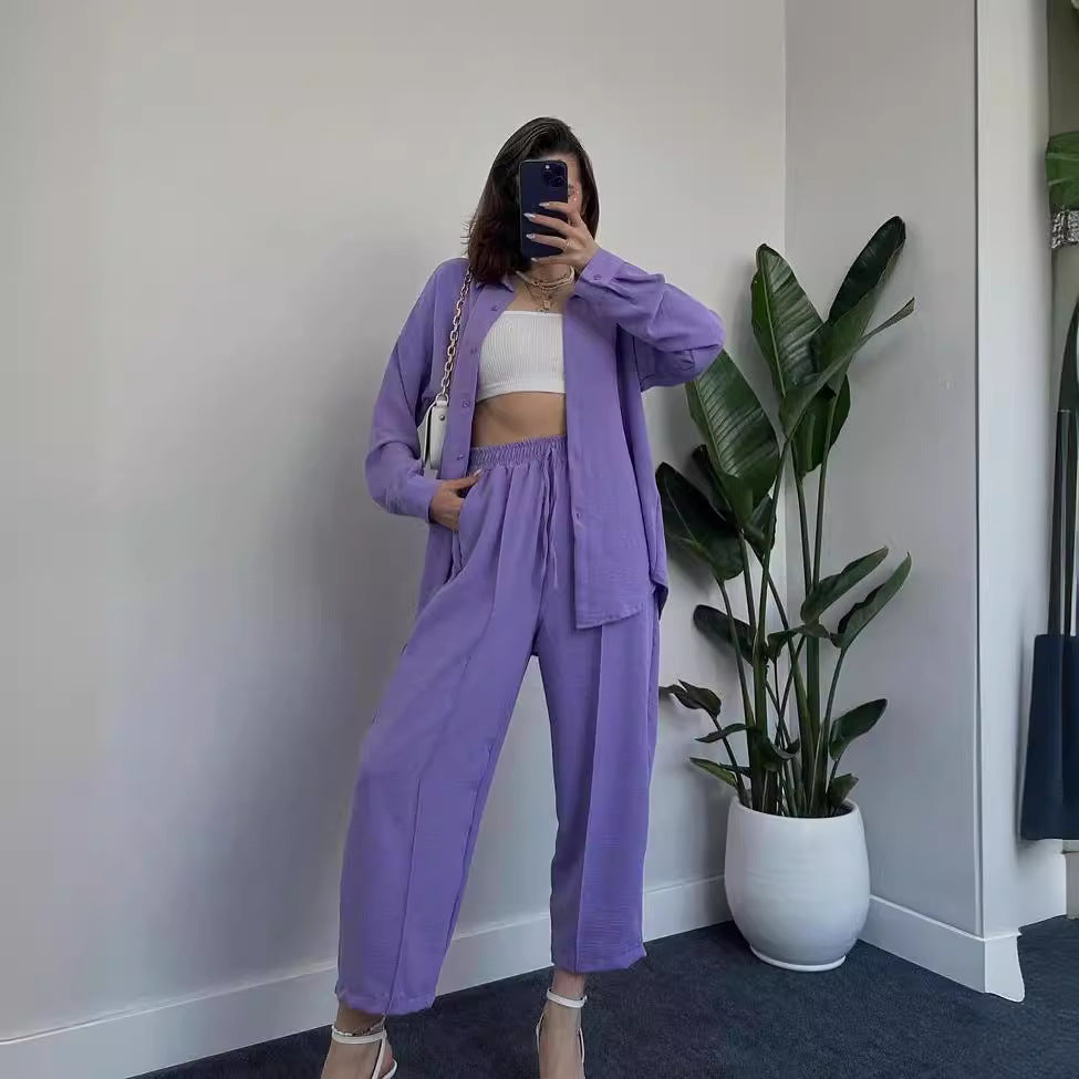 Damen Lässiges zweiteiliges Lounge-Set aus Crêpe mit Oversize-Hemd und hohem Elastikbund Chichicherry