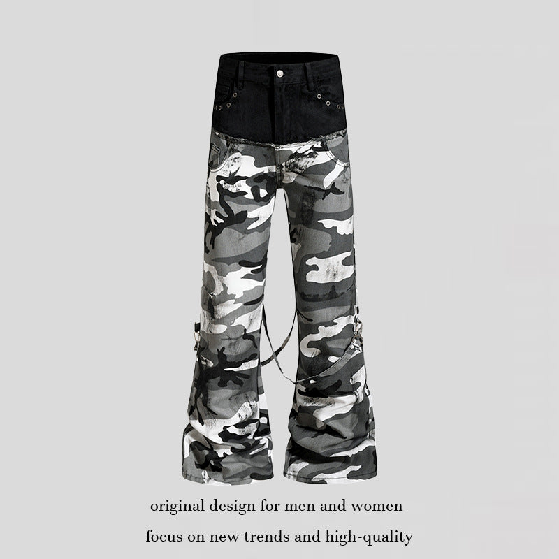 Ladies Wide High-Waist Cargo Pants in Camouflage Look with Bondage Straps Chichicherry