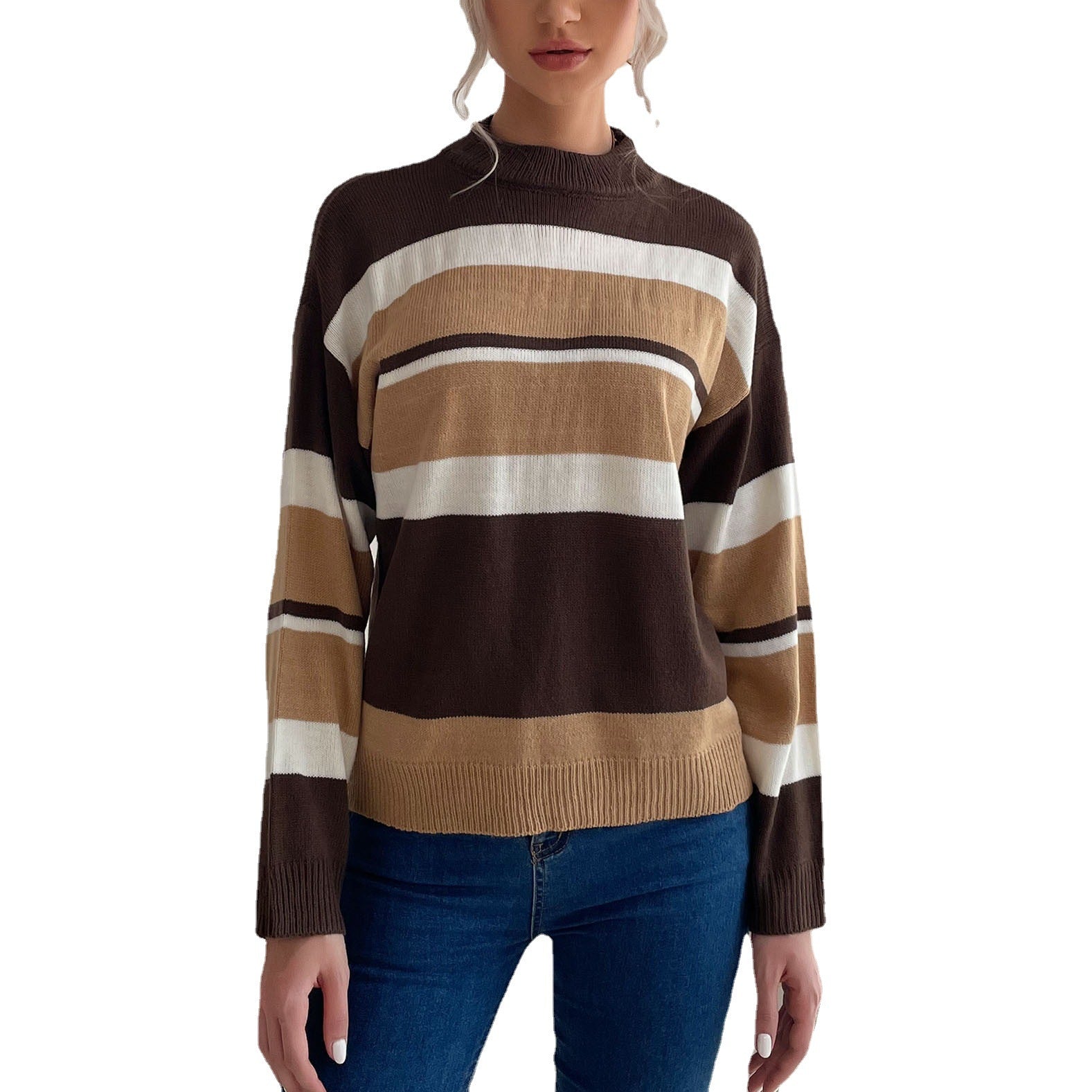 Women's Striped Fine Knit Sweater with Stand-Up Collar Chichicherry