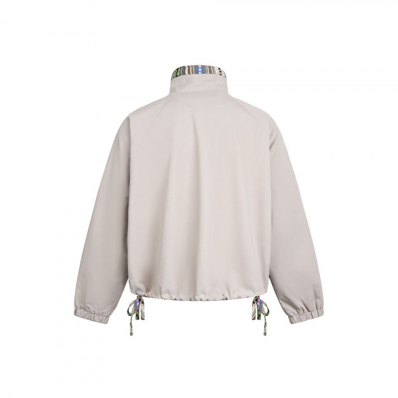 Women Short Tail Bomber Jacket with Stand-Up Collar and Patterned Lining Chichicherry