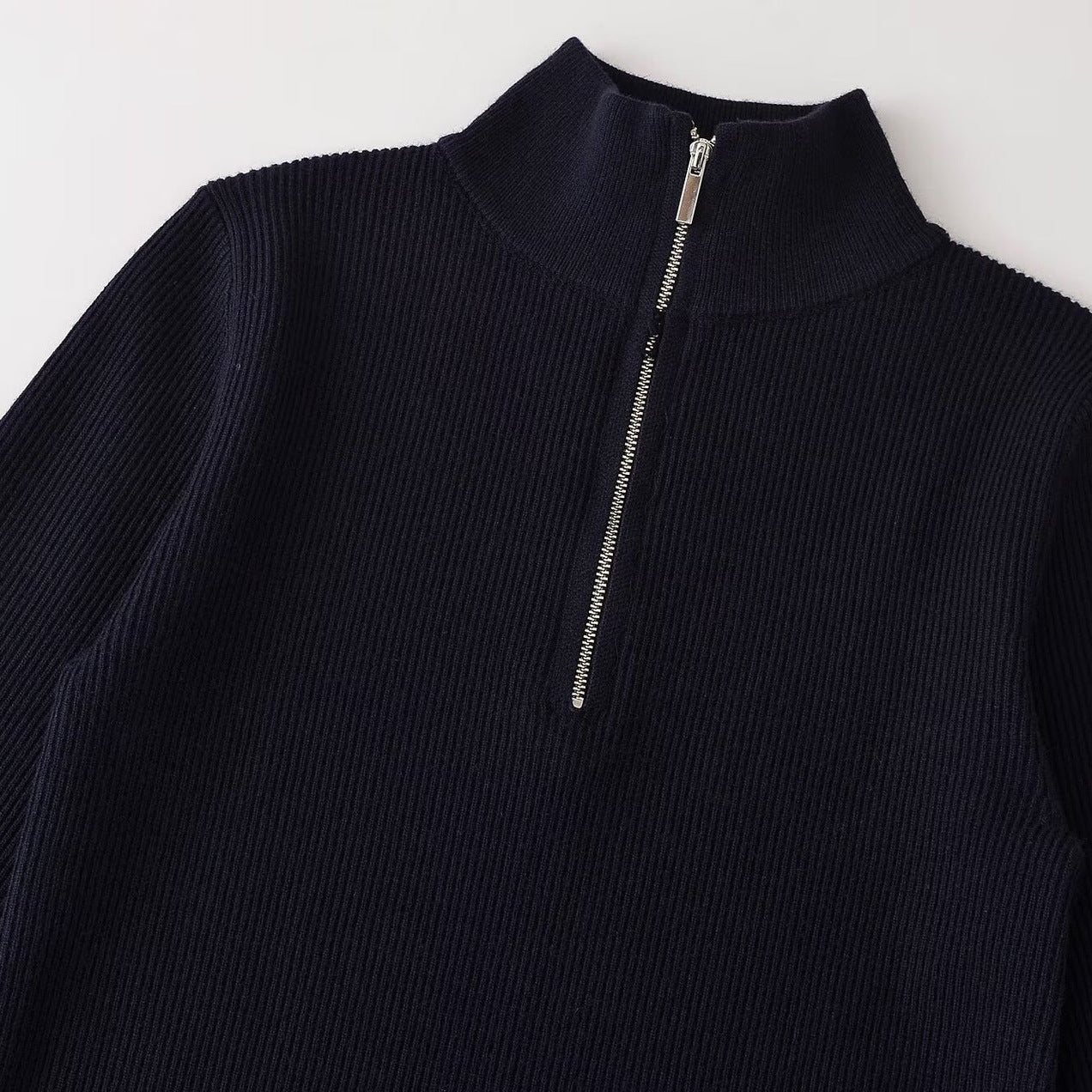 Women's Ribbed Half-Zip Knit Sweater with Stand Collar Chichicherry