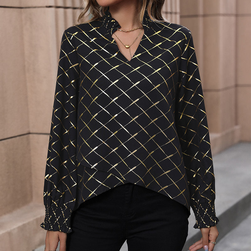 Women's Elegant Blouse with V-Neck, Shimmering Grid Print and Gathered Cuffs Chichicherry