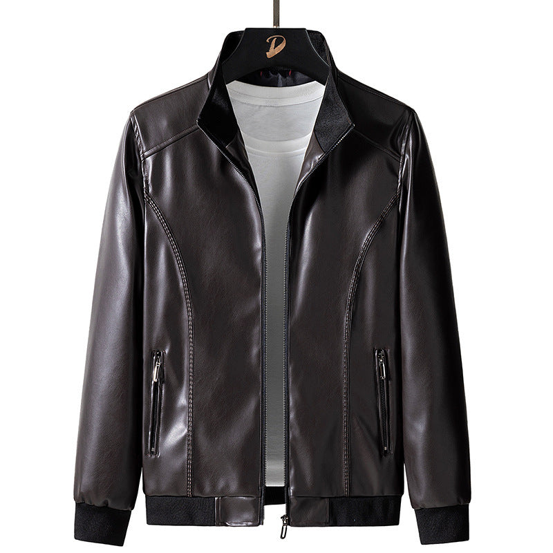 Men's slim faux leather bomber jacket with stand-up collar and zip pockets Chichicherry