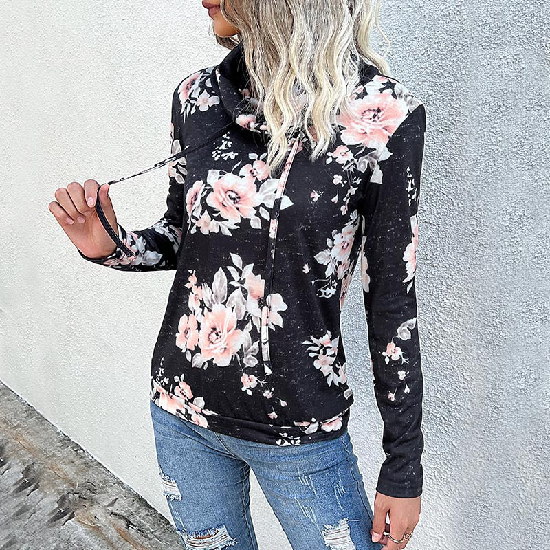 Women's Funnel Neck Sweatshirt with Floral Allover Print and Drawstring Chichicherry