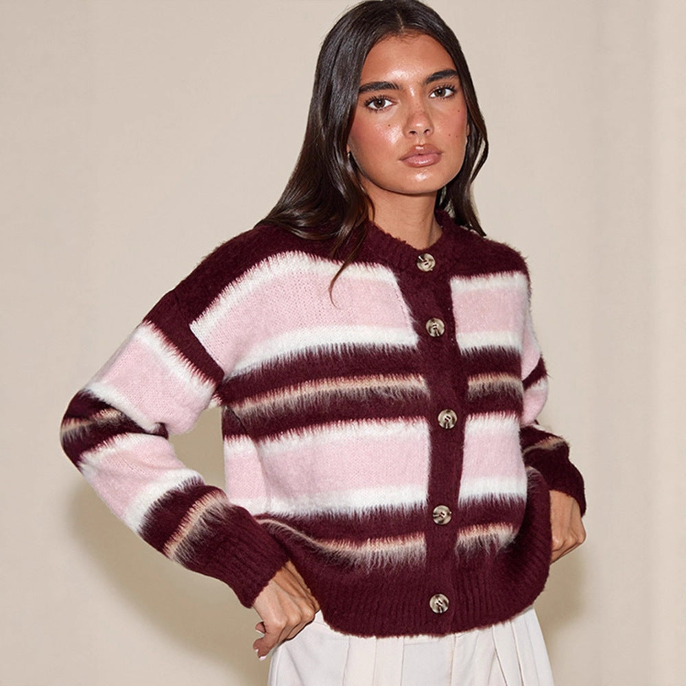 Women's Striped Mohair Blend Knit Cardigan with Button Placket and Cozy Cropped Cut Chichicherry