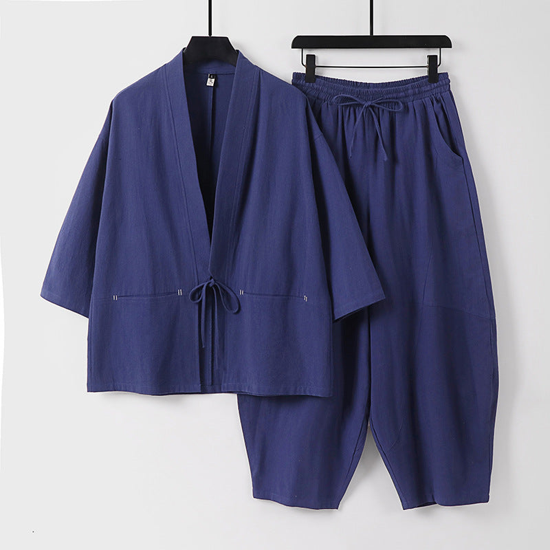 Unisex Modern Kimono Lounge Set made of soft cotton blend with short jacket, drawstring pants and ruffled ankles Chichicherry