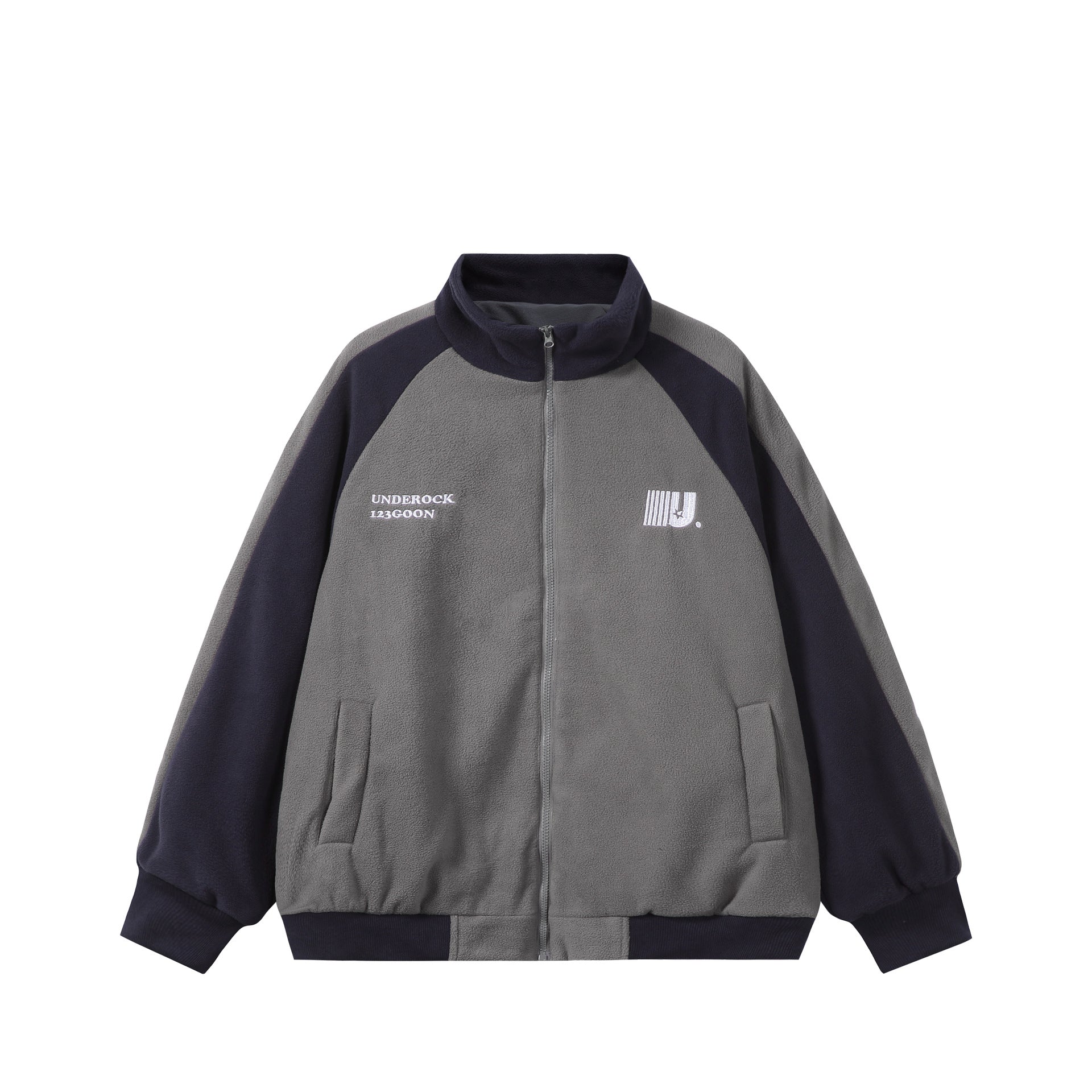 Unisex Boxy Fleece Jacket with Front Zipper, Stand Collar and Flap Pockets Chichicherry