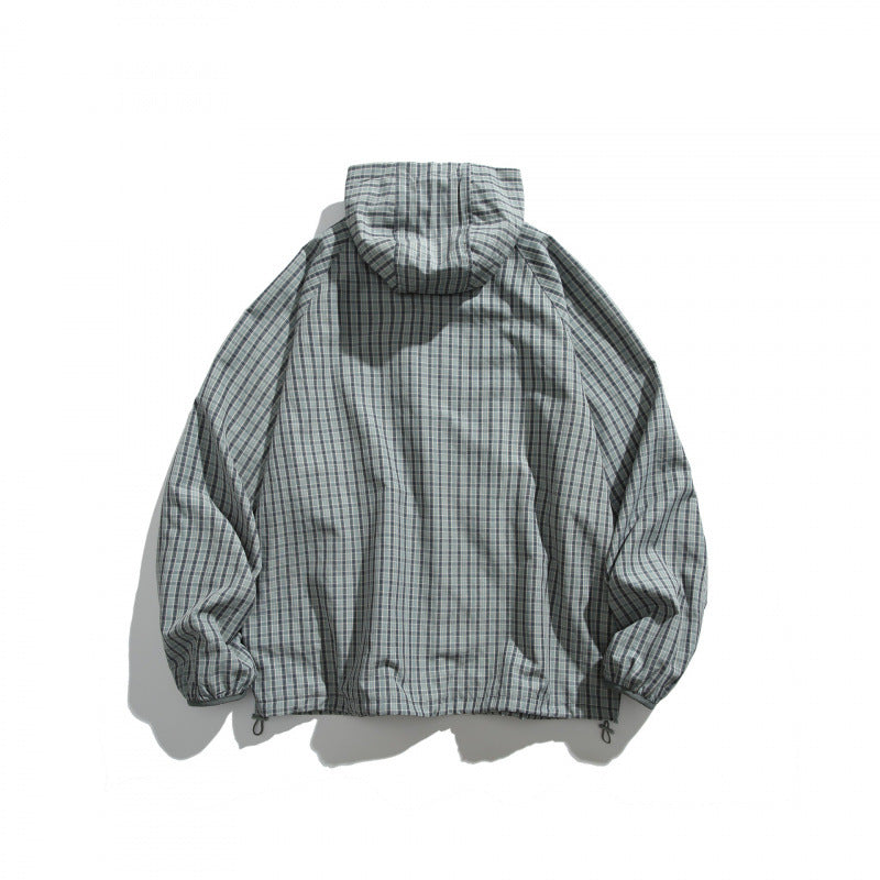 Unisex Lightweight Checked Windbreaker Jacket with Hood, Raglan Sleeves, and Drawstring Chichicherry