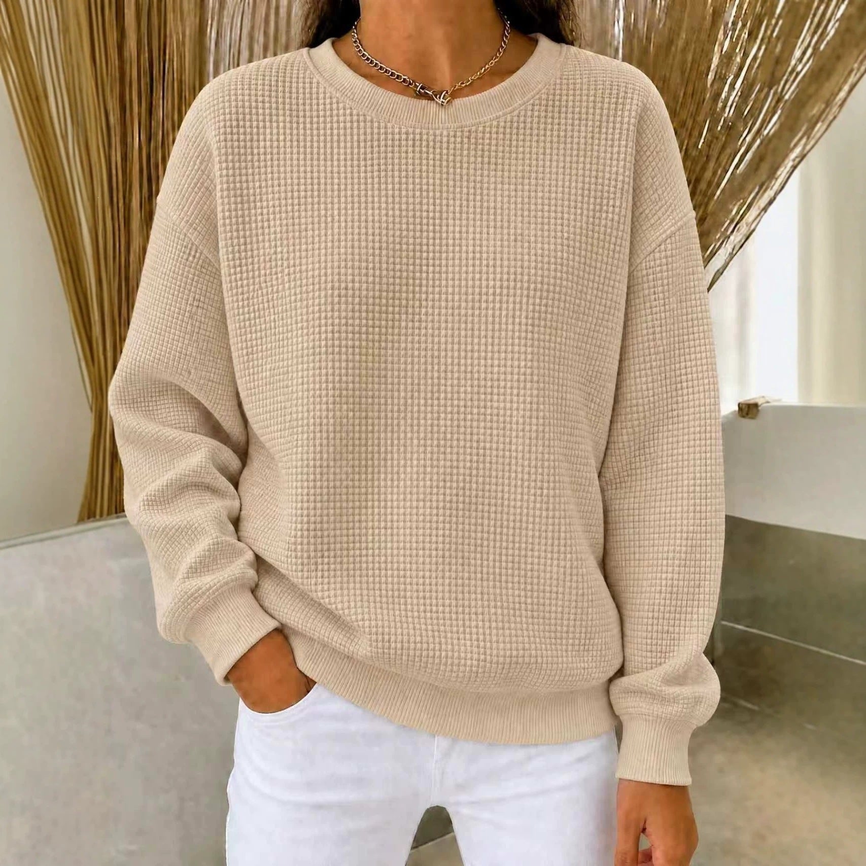 Women's Loose Waffle Knit Sweatshirt with Round Neck and Ribbed Cuffs Chichicherry