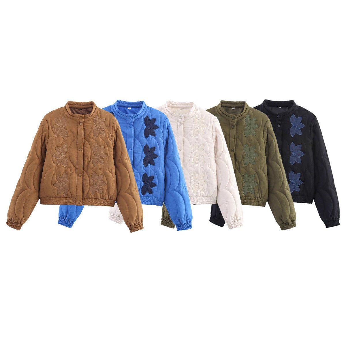 Women's Short Cut Quilted Jacket with Flower Applique and Stand-Up Collar Chichicherry
