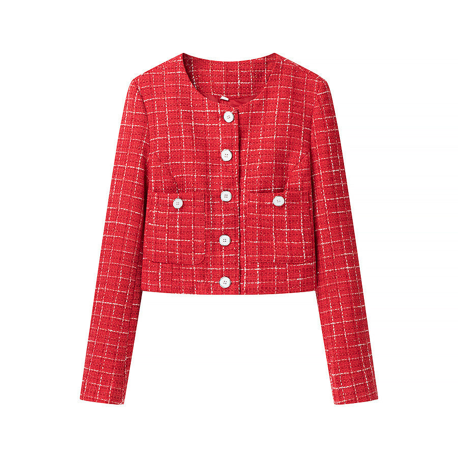 Women's Short-Cut Boucle Tweed Blazer with Round Neck, Decorative Buttons and Patch Pockets Chichicherry