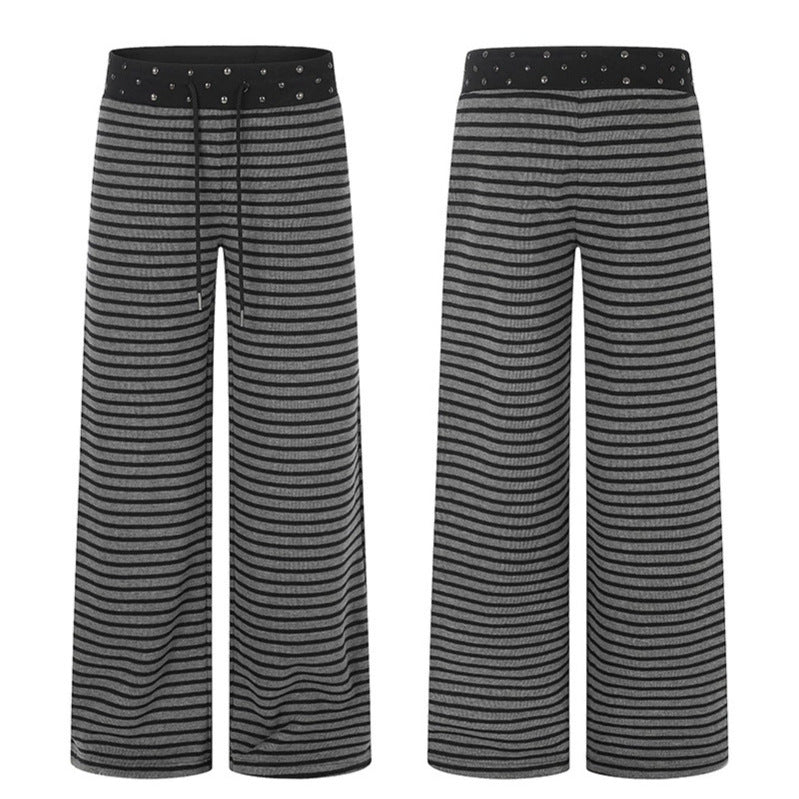Women's Striped Palazzo Relax Pants with Studded Waistband and Drawstring Chichicherry