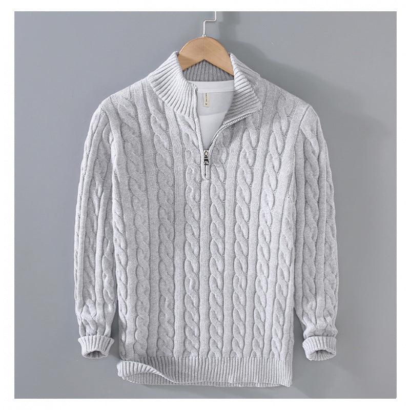 Herren Zopfmuster-Halbzip-Pullover aus weicher Baumwollmischung mit Stehkragen Chichicherry