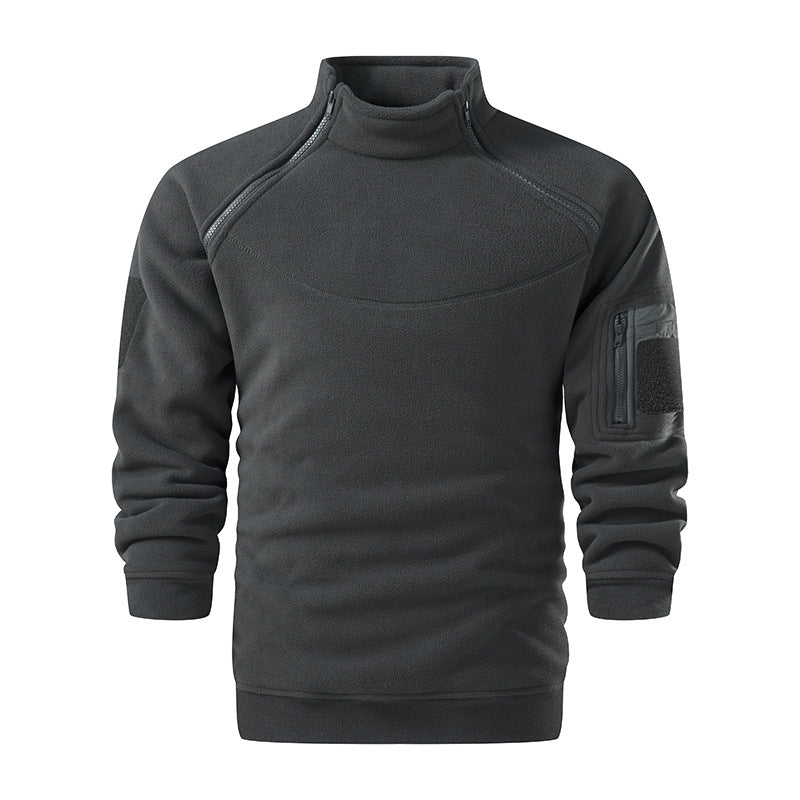 Men's Tactical Microfleece Sweater with High Stand-Up Collar, Sleeve Zip Pocket and Raglan Sleeves Chichicherry