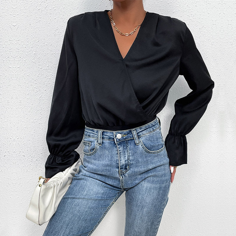 Women's satin bodysuit with wrap V-neck, fitted ribbed waistband and flounce sleeves Chichicherry