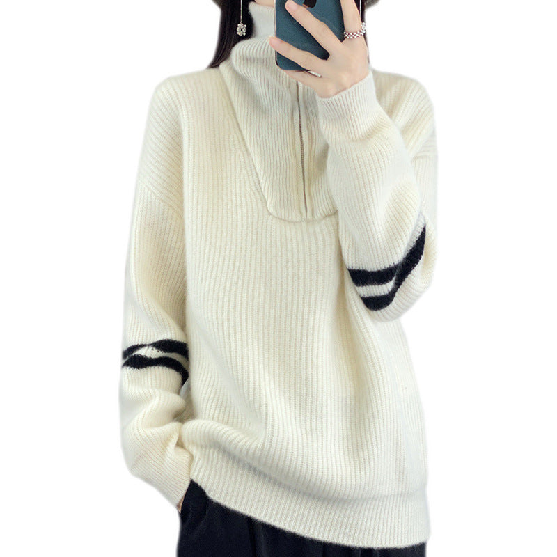 Women's ribbed knit pullover with half zipper, high collar, and casual fit Chichicherry