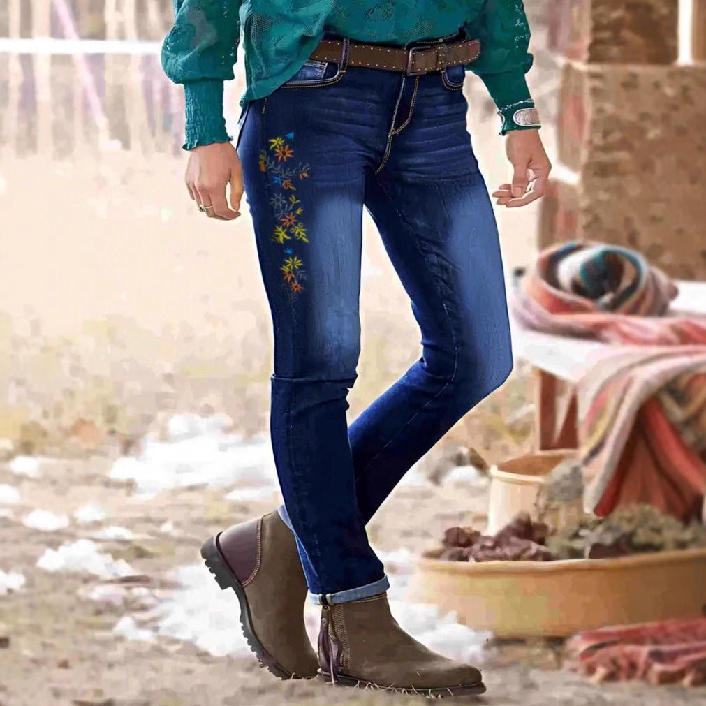 Women High-Waisted Skinny Jeans with Side Flower Embroidery Chichicherry